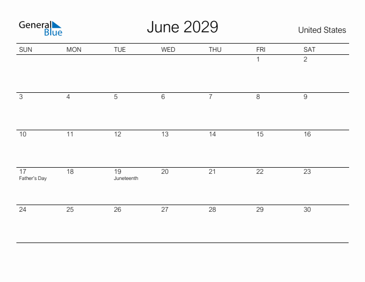 Printable June 2029 Calendar for United States
