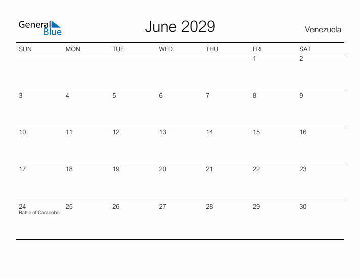 Printable June 2029 Calendar for Venezuela