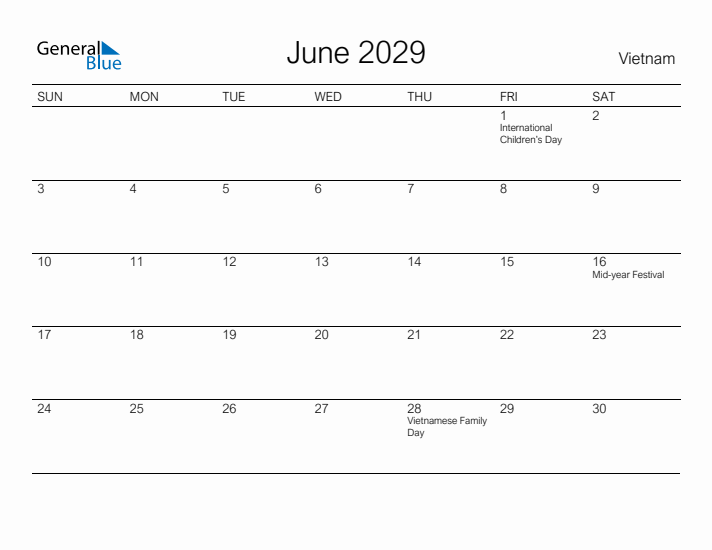 Printable June 2029 Calendar for Vietnam