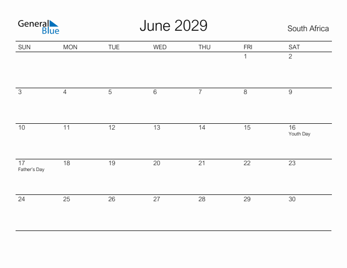 Printable June 2029 Calendar for South Africa