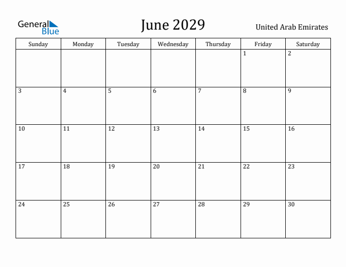 June 2029 Calendar United Arab Emirates