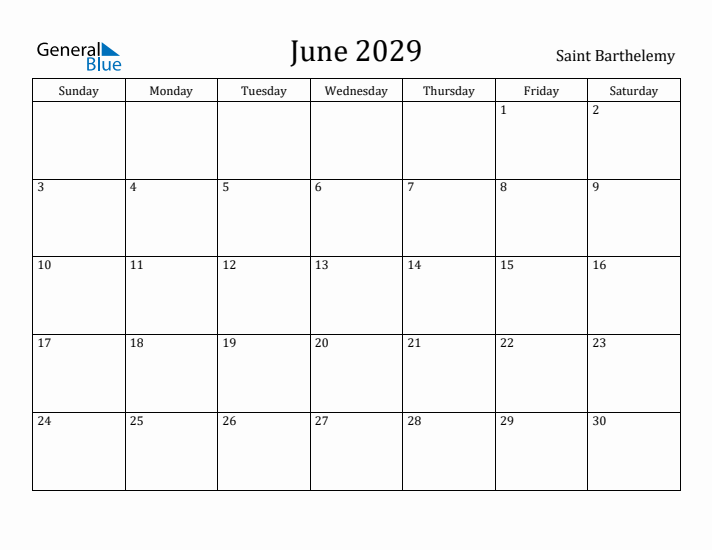June 2029 Calendar Saint Barthelemy
