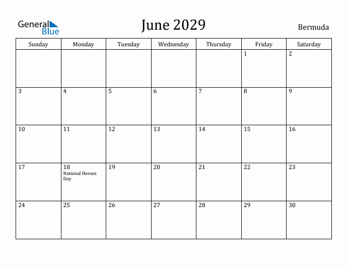 June 2029 Calendar Bermuda