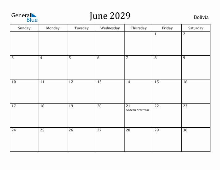 June 2029 Calendar Bolivia