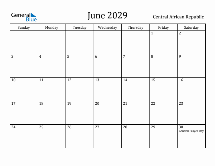 June 2029 Calendar Central African Republic