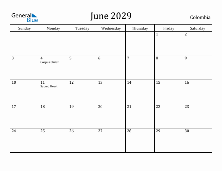 June 2029 Calendar Colombia