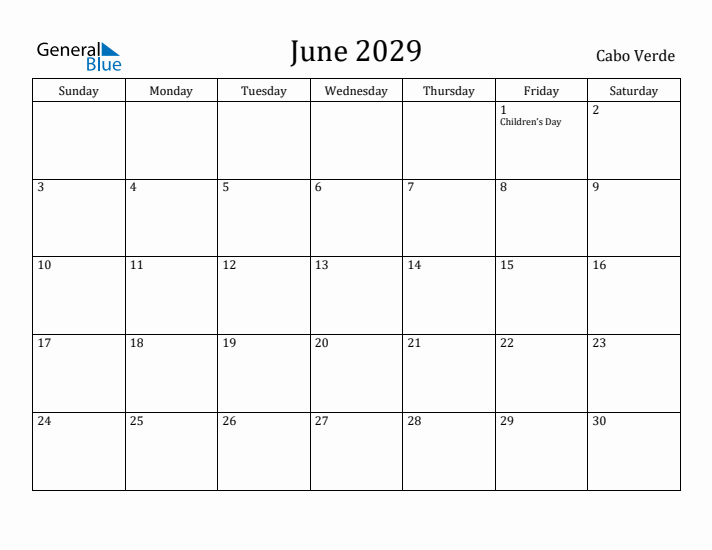 June 2029 Calendar Cabo Verde