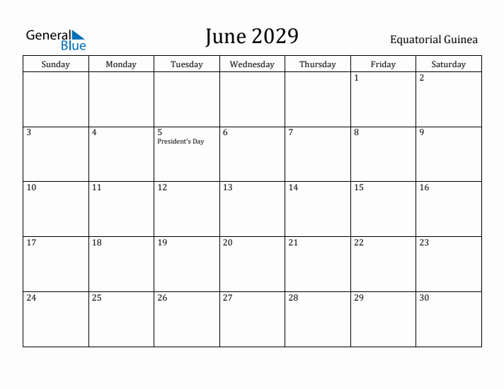 June 2029 Calendar Equatorial Guinea
