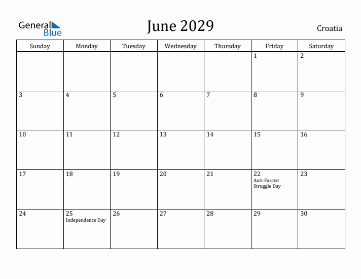 June 2029 Calendar Croatia