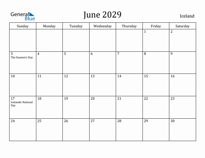 June 2029 Calendar Iceland