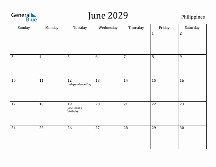 June 2029 Calendar Philippines