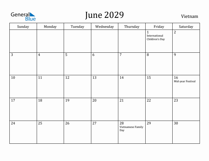 June 2029 Calendar Vietnam