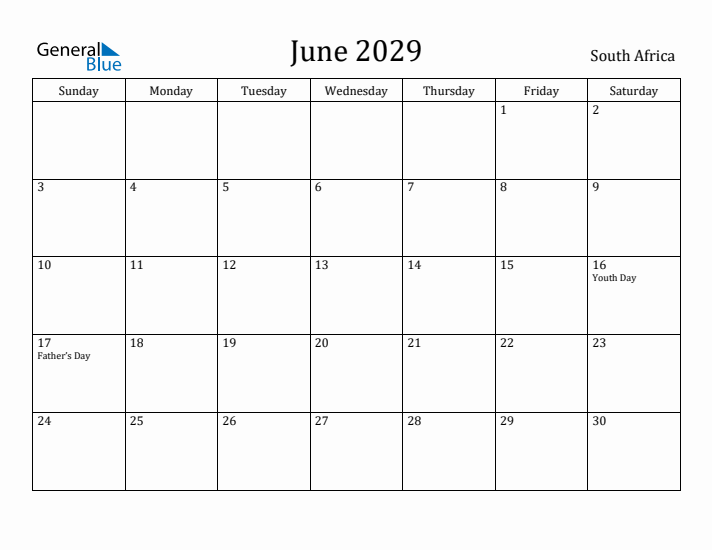 June 2029 Calendar South Africa