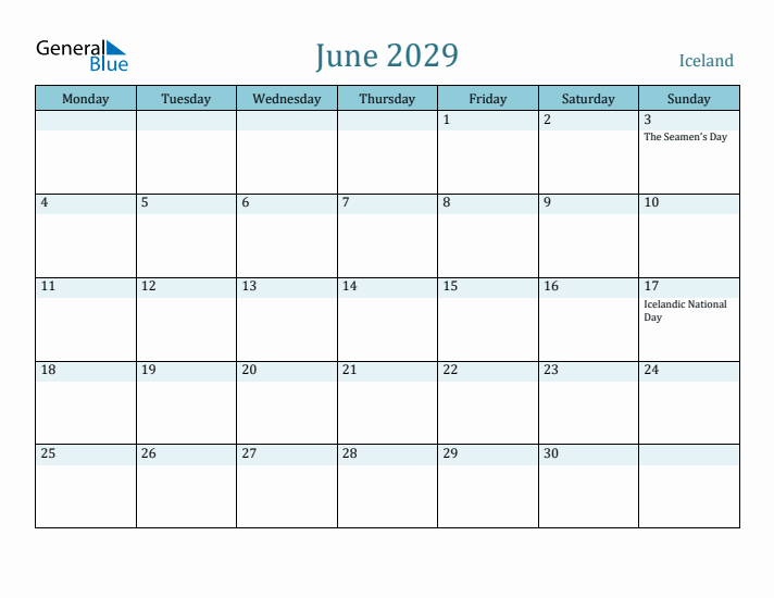 June 2029 Calendar with Holidays