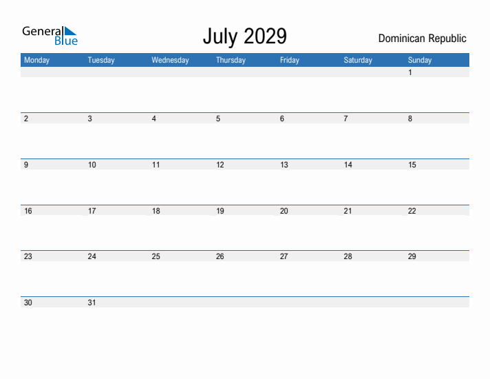 Fillable July 2029 Calendar