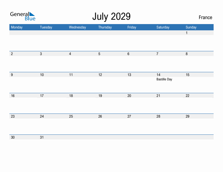 Fillable July 2029 Calendar