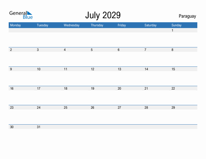 Fillable July 2029 Calendar