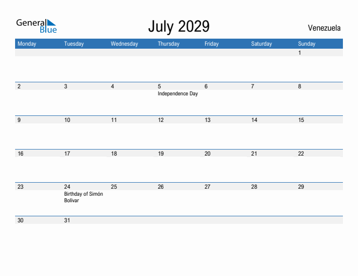 Fillable July 2029 Calendar