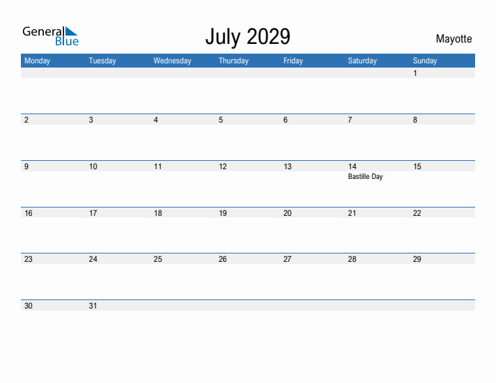 Fillable July 2029 Calendar