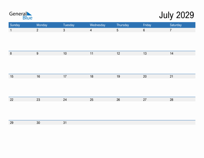 Fillable Calendar for July 2029