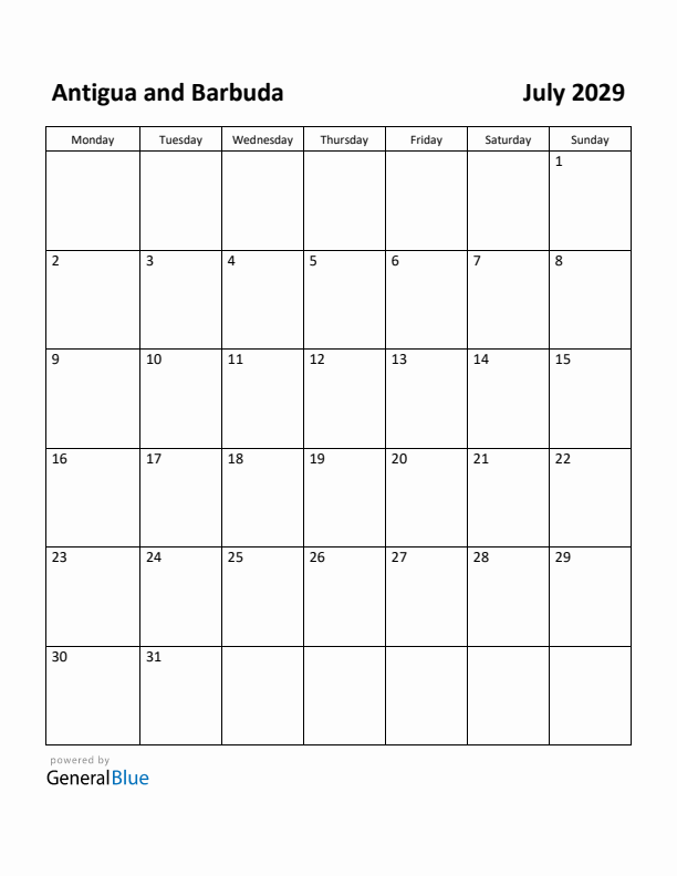 July 2029 Calendar with Antigua and Barbuda Holidays