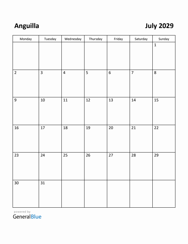 July 2029 Calendar with Anguilla Holidays