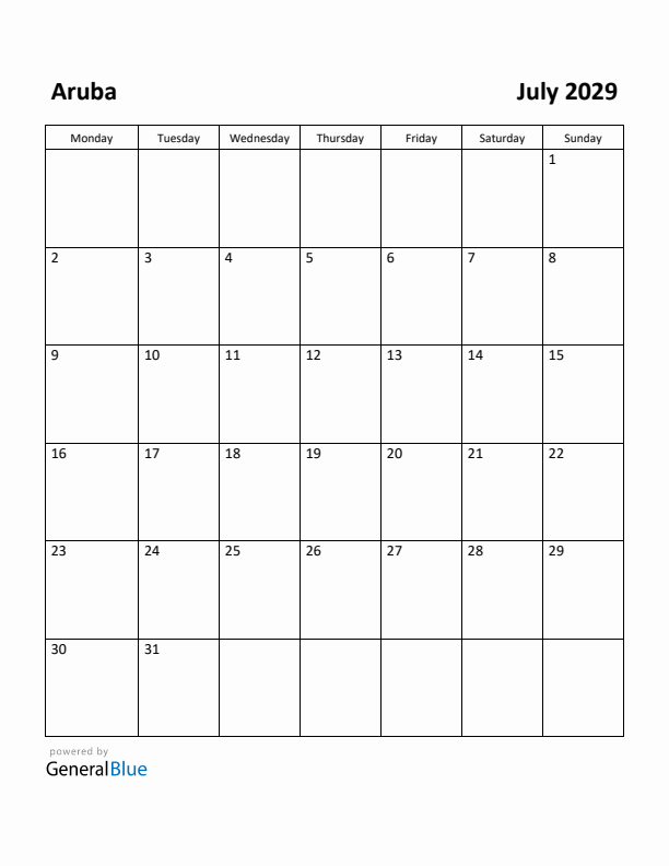 July 2029 Calendar with Aruba Holidays