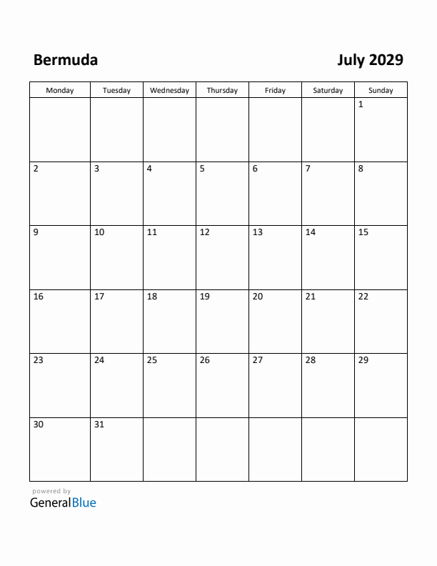 July 2029 Calendar with Bermuda Holidays