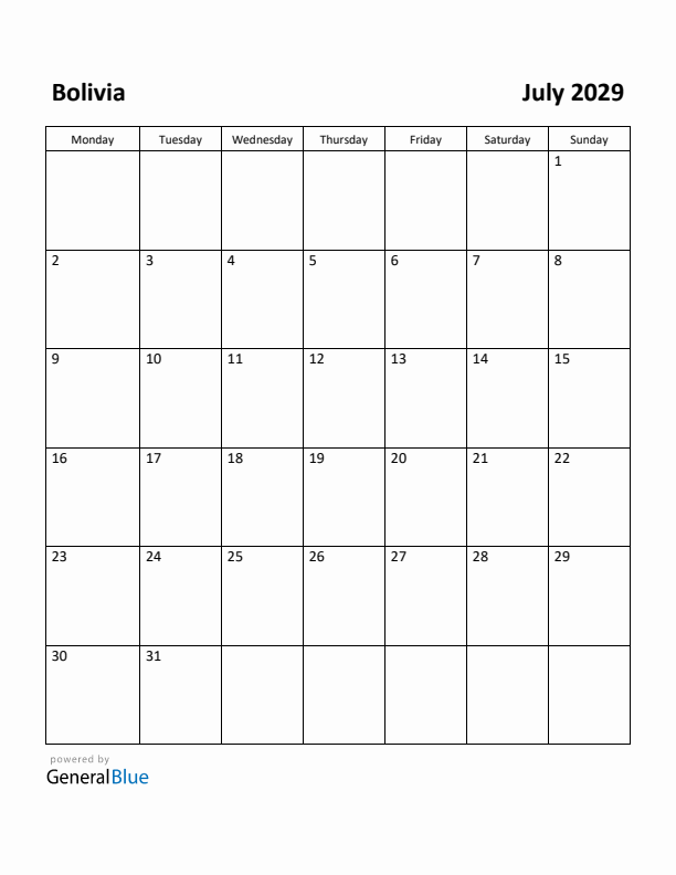 July 2029 Calendar with Bolivia Holidays