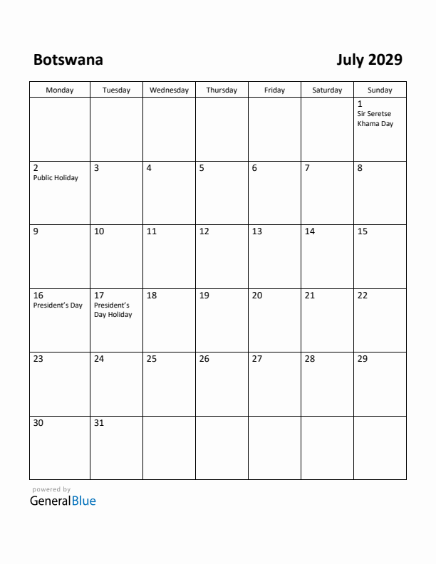 July 2029 Calendar with Botswana Holidays