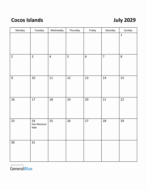 July 2029 Calendar with Cocos Islands Holidays