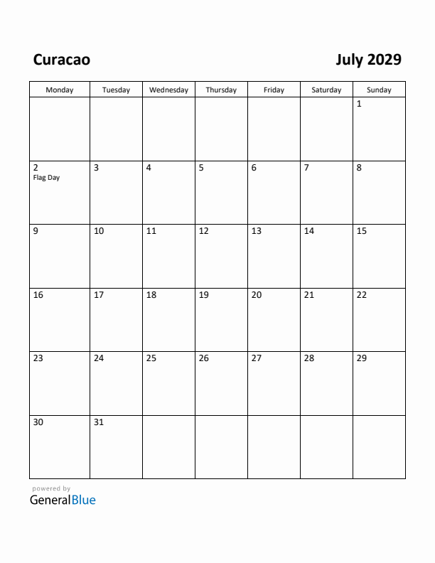 July 2029 Calendar with Curacao Holidays