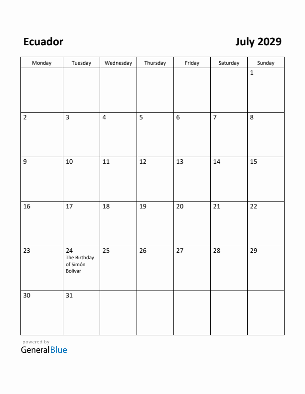 July 2029 Calendar with Ecuador Holidays