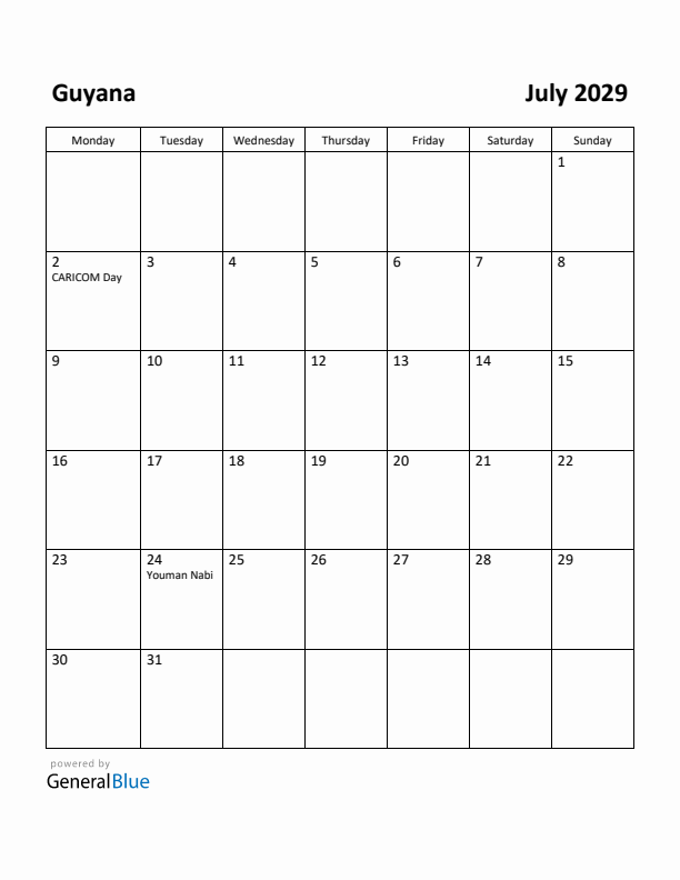 July 2029 Calendar with Guyana Holidays