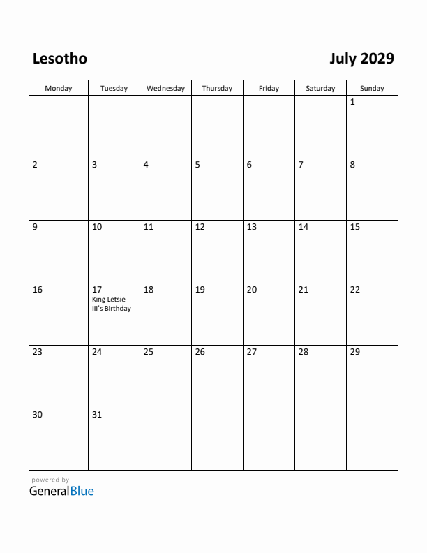 July 2029 Calendar with Lesotho Holidays