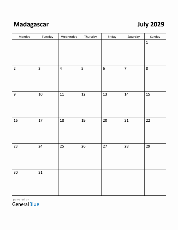 July 2029 Calendar with Madagascar Holidays