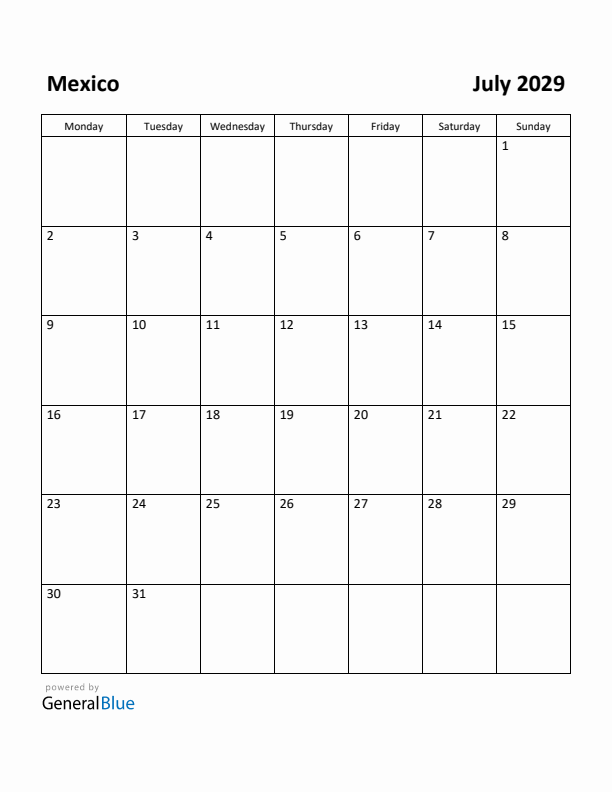 July 2029 Calendar with Mexico Holidays