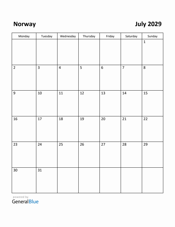 July 2029 Calendar with Norway Holidays