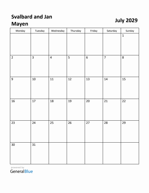 July 2029 Calendar with Svalbard and Jan Mayen Holidays