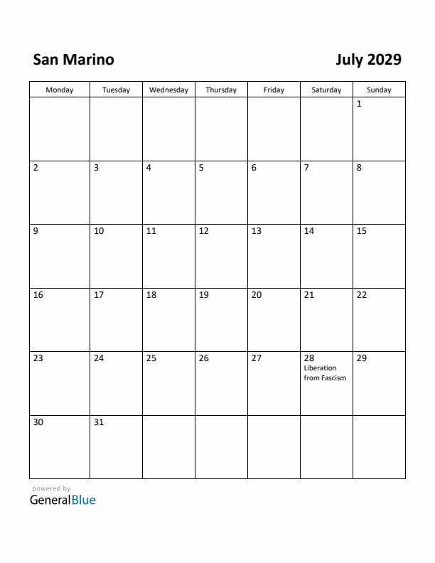 July 2029 Calendar with San Marino Holidays