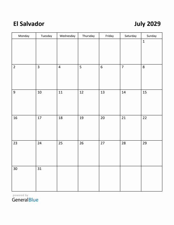 July 2029 Calendar with El Salvador Holidays