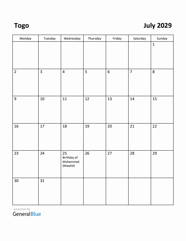 July 2029 Calendar with Togo Holidays