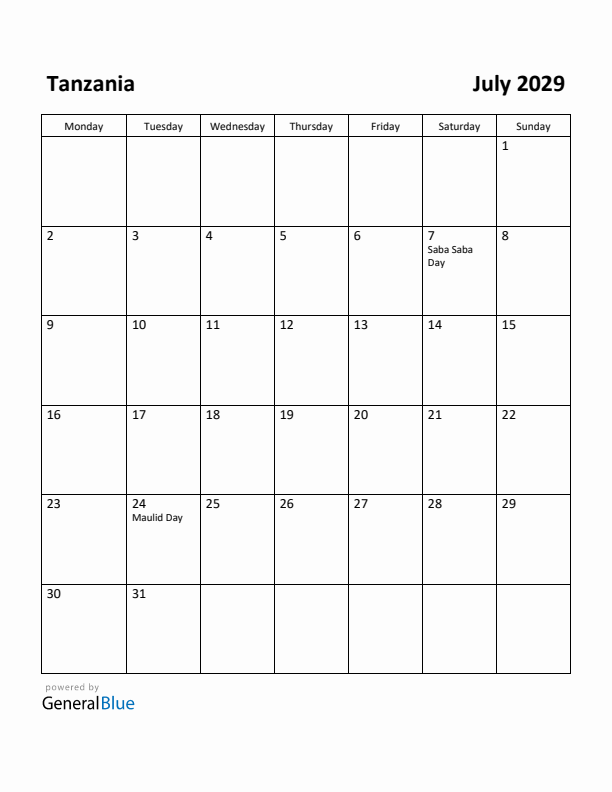 July 2029 Calendar with Tanzania Holidays