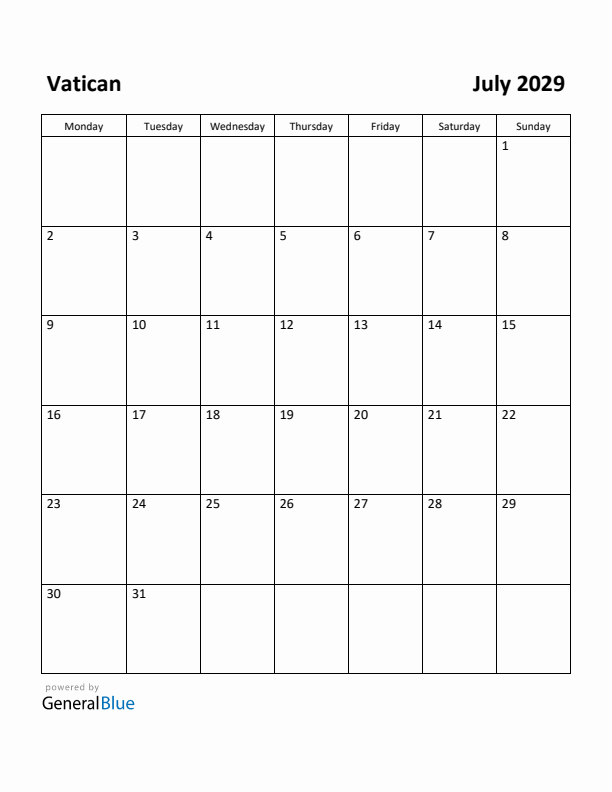 July 2029 Calendar with Vatican Holidays
