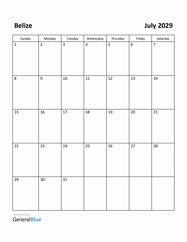 July 2029 Calendar with Belize Holidays
