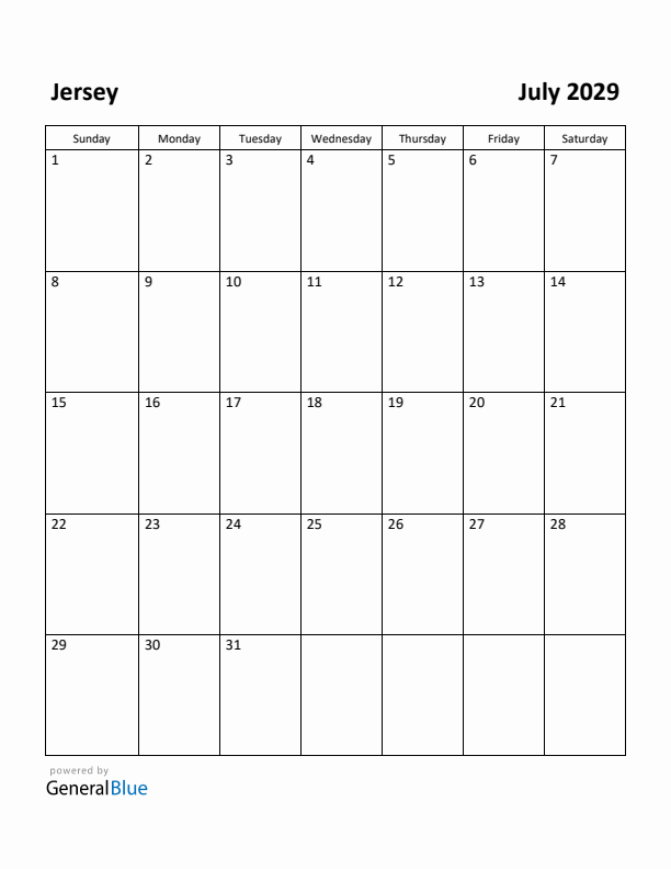 July 2029 Calendar with Jersey Holidays