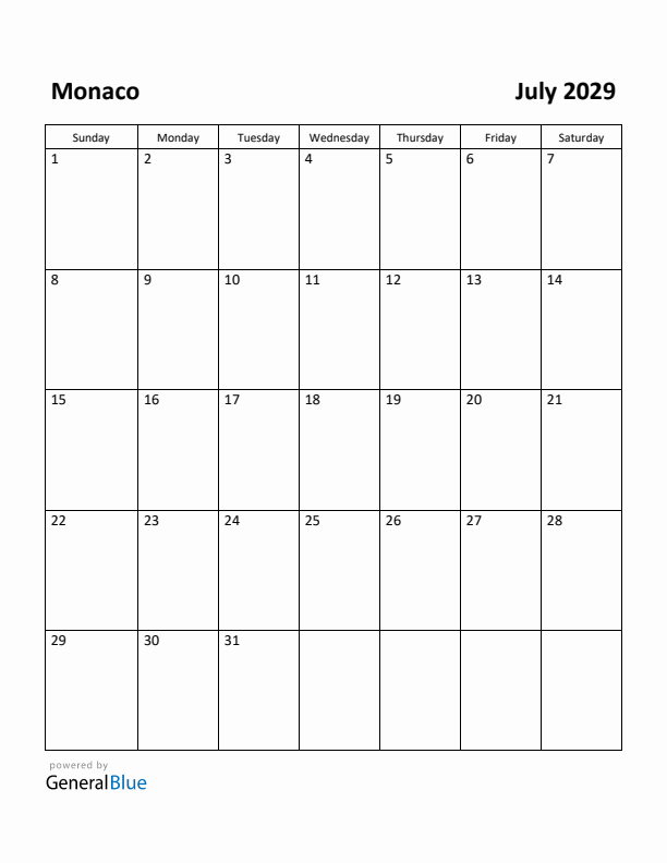July 2029 Calendar with Monaco Holidays