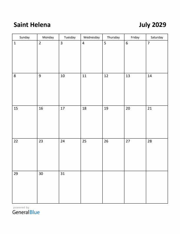 July 2029 Calendar with Saint Helena Holidays