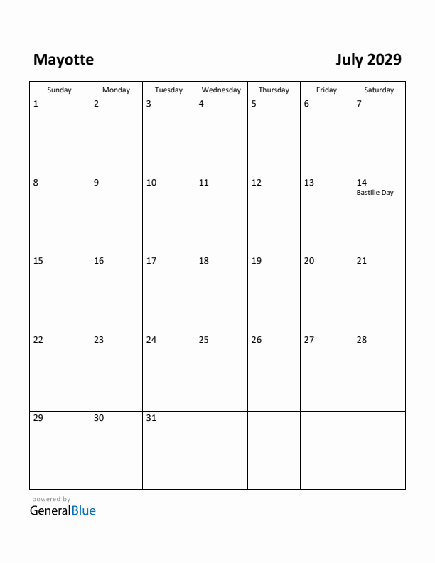 July 2029 Calendar with Mayotte Holidays