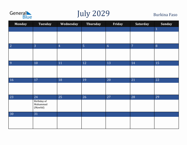 July 2029 Burkina Faso Calendar (Monday Start)